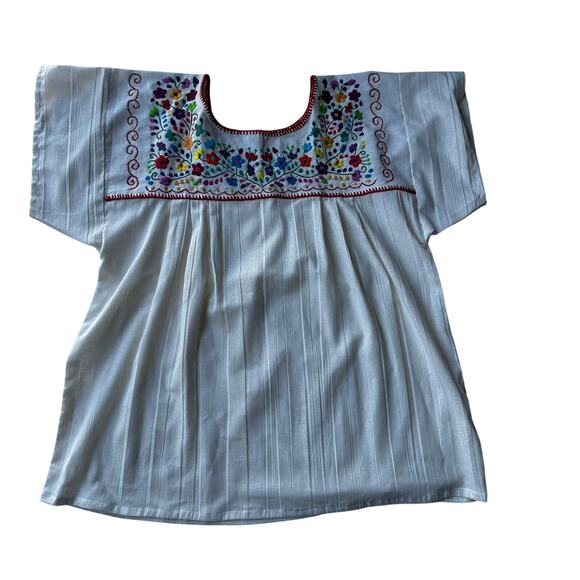 Mexican Embroidered Blouse – Handmade Otomi Floral Animals Design Large 28x23in - Picture 4 of 10